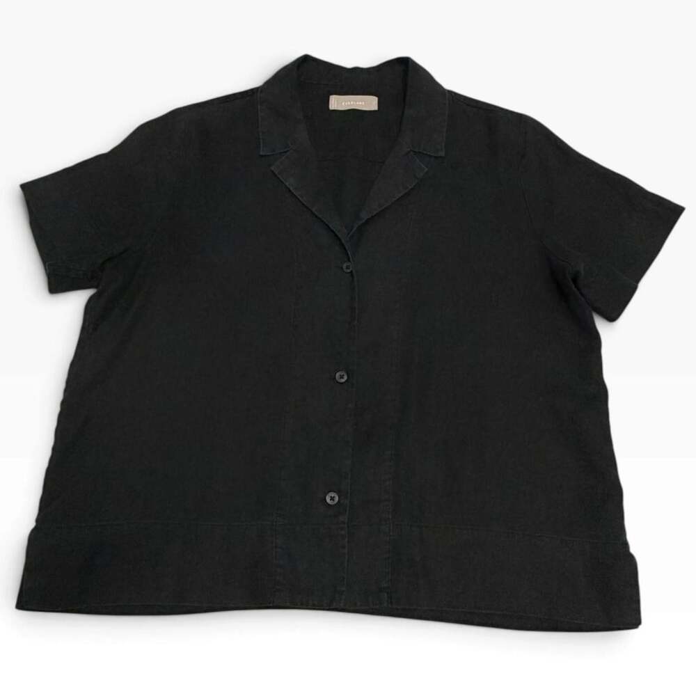 Everlane Black 100% Linen Short Sleeve Camp Collar Notch Top Shirt Size 6